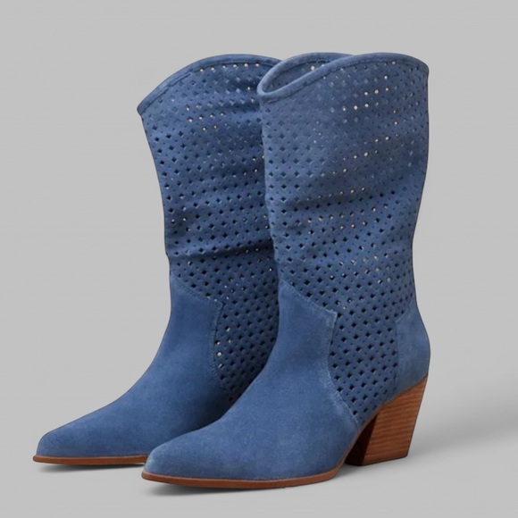 Seychelles-Diva Blue Suede Leather Perforated Mid Calf Boots-Blue-7.5 NEW - Picture 1 of 10